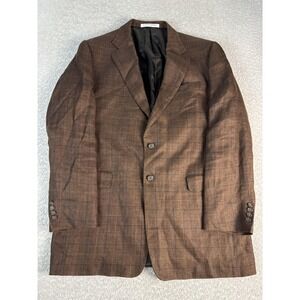 Hickey Freeman Blazer Mens 42 Long Brown Linen‎ Plaid Sport Coat Jacket